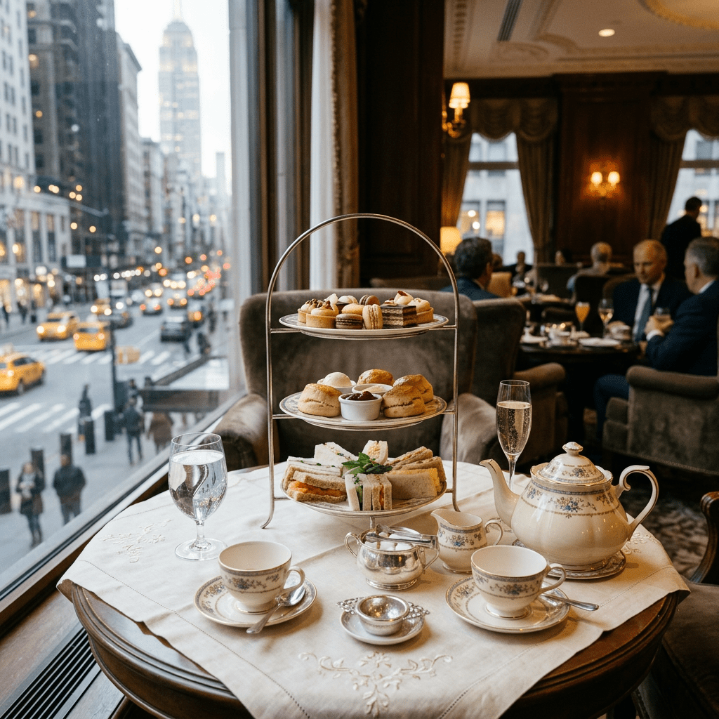 Three-tiered tray with sandwiches, scones, and pastries alongside teapot, teacups, and glasses on a table by a large window.