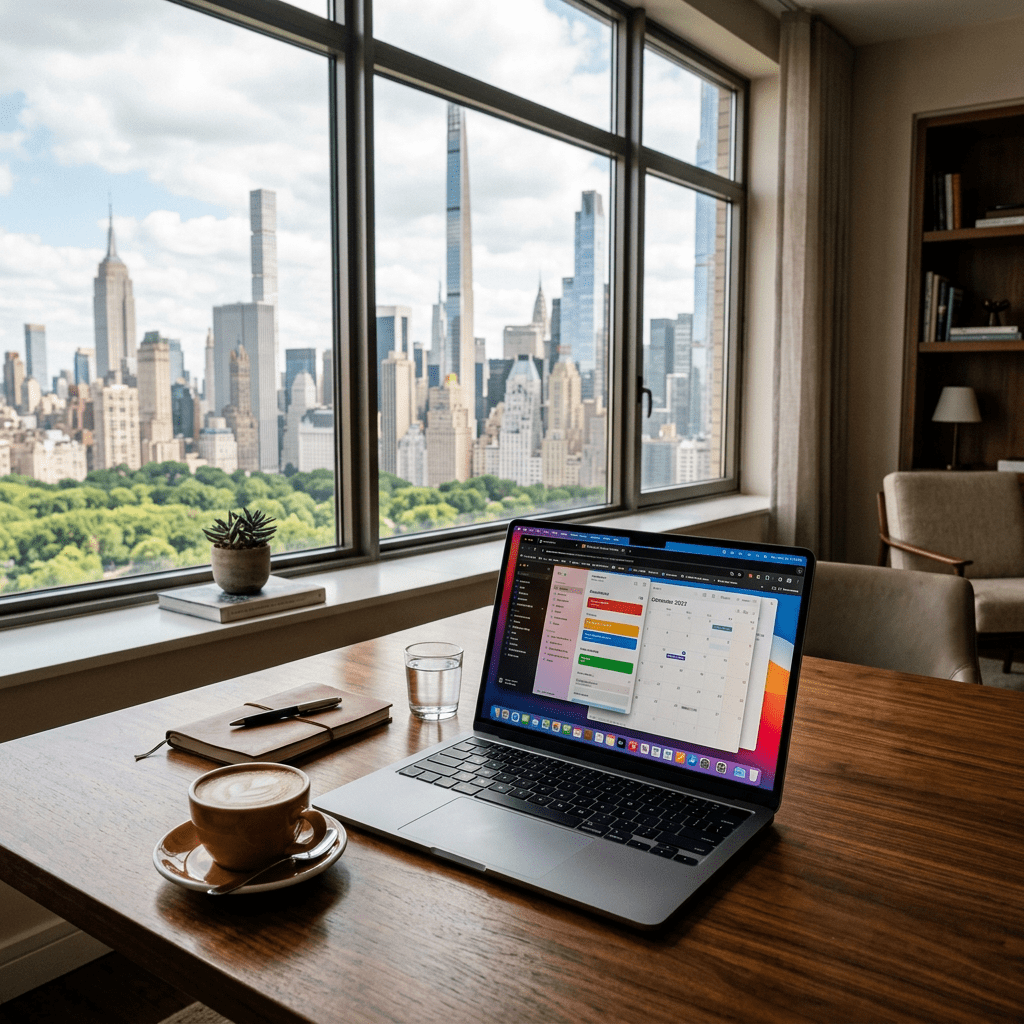 Laptop displaying calendar app on wooden table near window overlooking New York City skyline with greenery