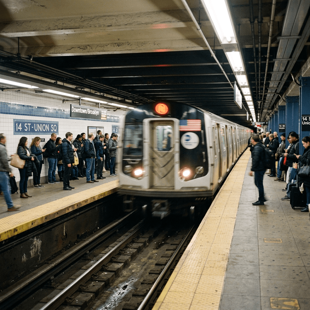 Subway train arriving at 14 St-Union Sq station with commuters waiting