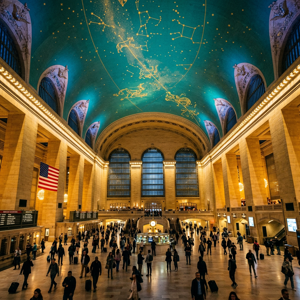 Interior view of Grand Central Terminal main concourse with people and celestial ceiling mural