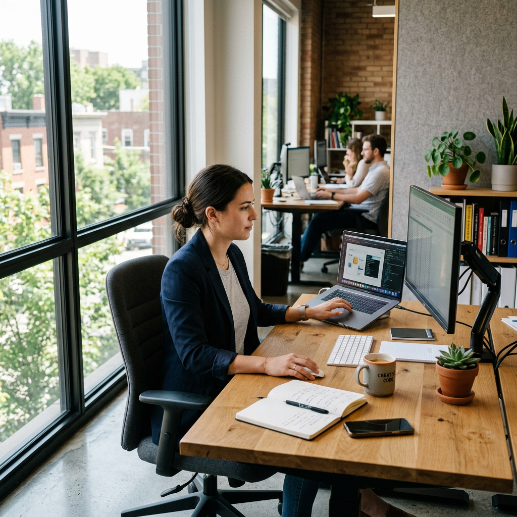 Professional working at a laptop in a bright modern office